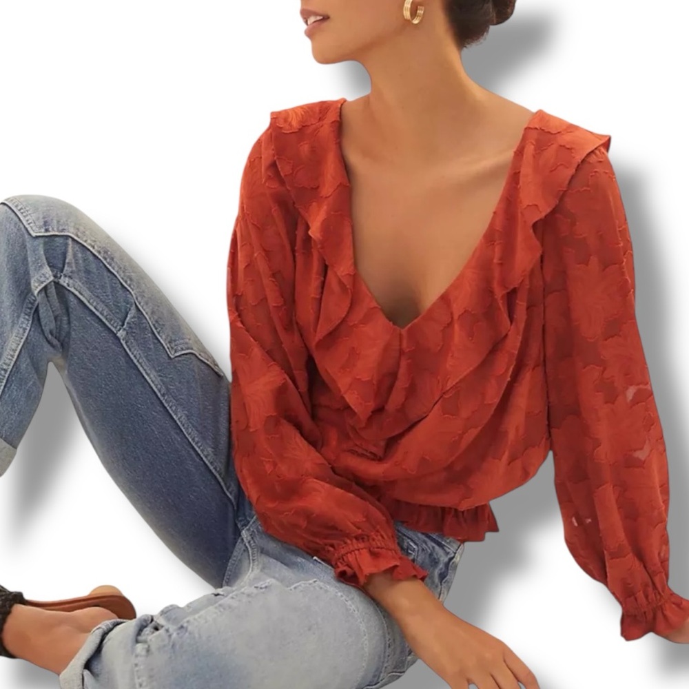Anthropologie Textured Appliqué Floral Orange Open Back Ruffle Blouse Top XS